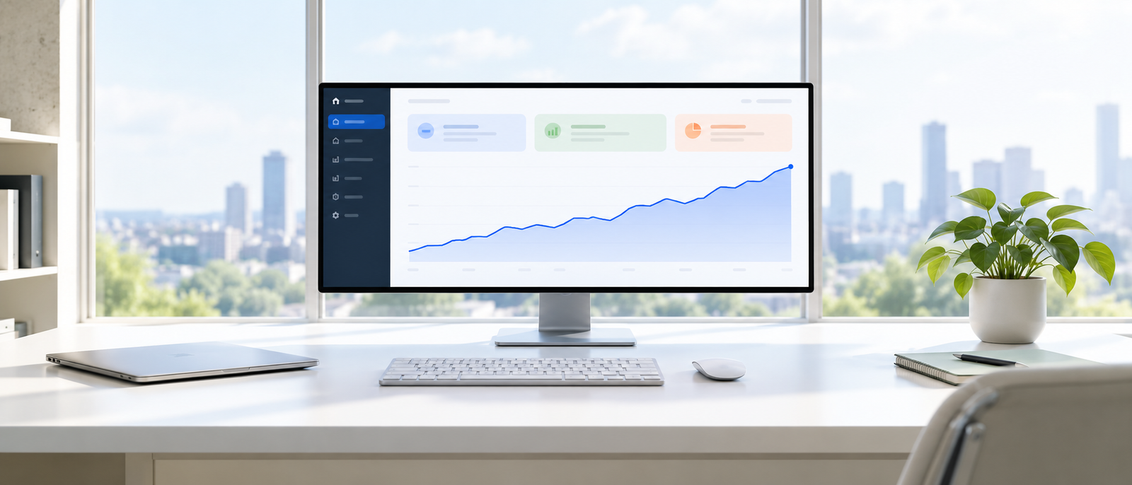 A wide monitor showing an abstract revenue dashboard with rising charts in a bright office
